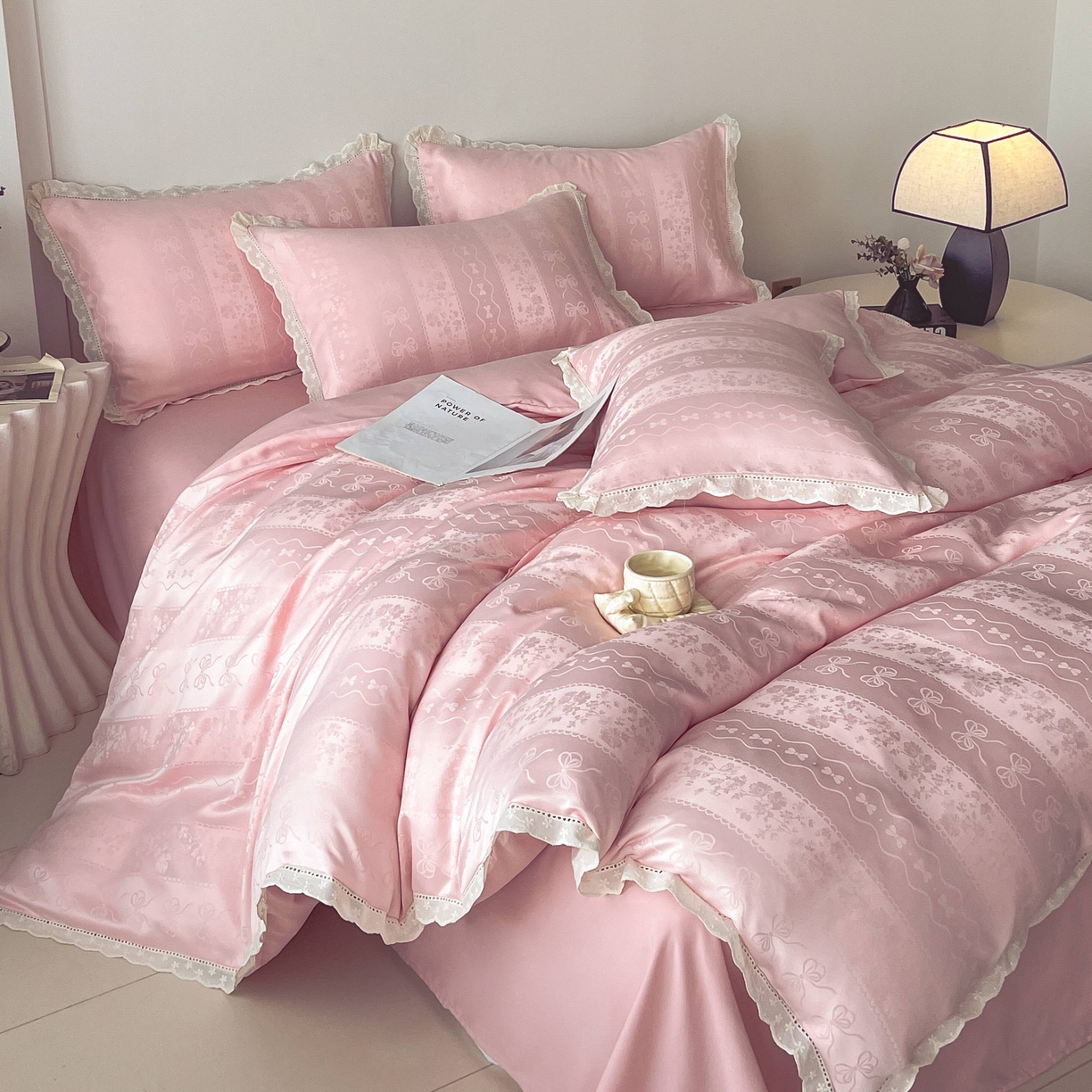 大麦乐田 2026春夏新款贡缎提花花边双拼四件套 恬梦 香粉玉  