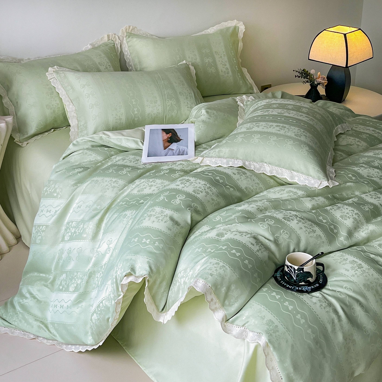 大麦乐田 2026春夏新款贡缎提花花边双拼四件套 恬梦 奶油绿