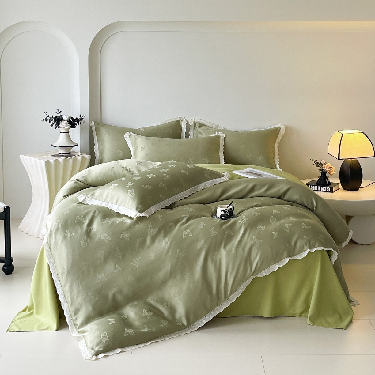 91家纺网 家纺一手货源 找家纺 大麦乐田 2026春夏新款贡缎提花花边双拼四件套 蝴蝶 抹茶绿