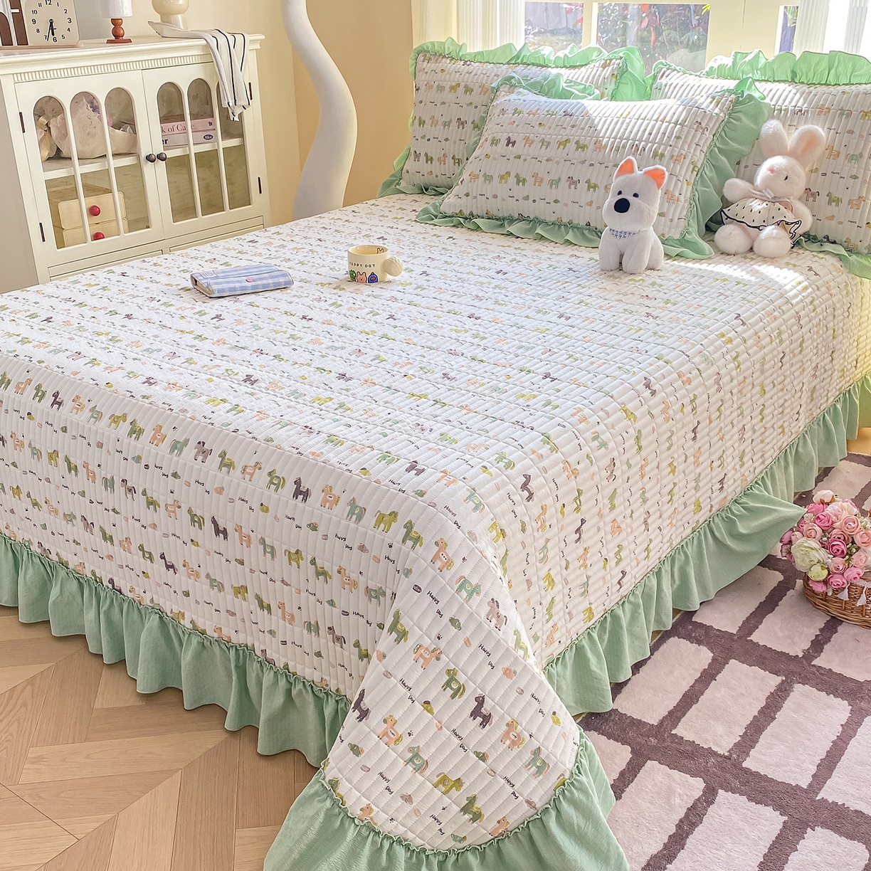 91家纺网 家纺一手货源 找家纺 眠势力 2026新款云感皱皱纱床盖四件套 幸运小马