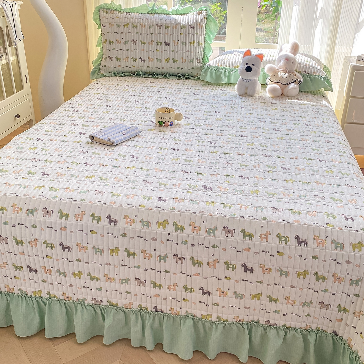 91家纺网 家纺一手货源 找家纺 眠势力 2026新款云感皱皱纱床盖四件套 幸运小马