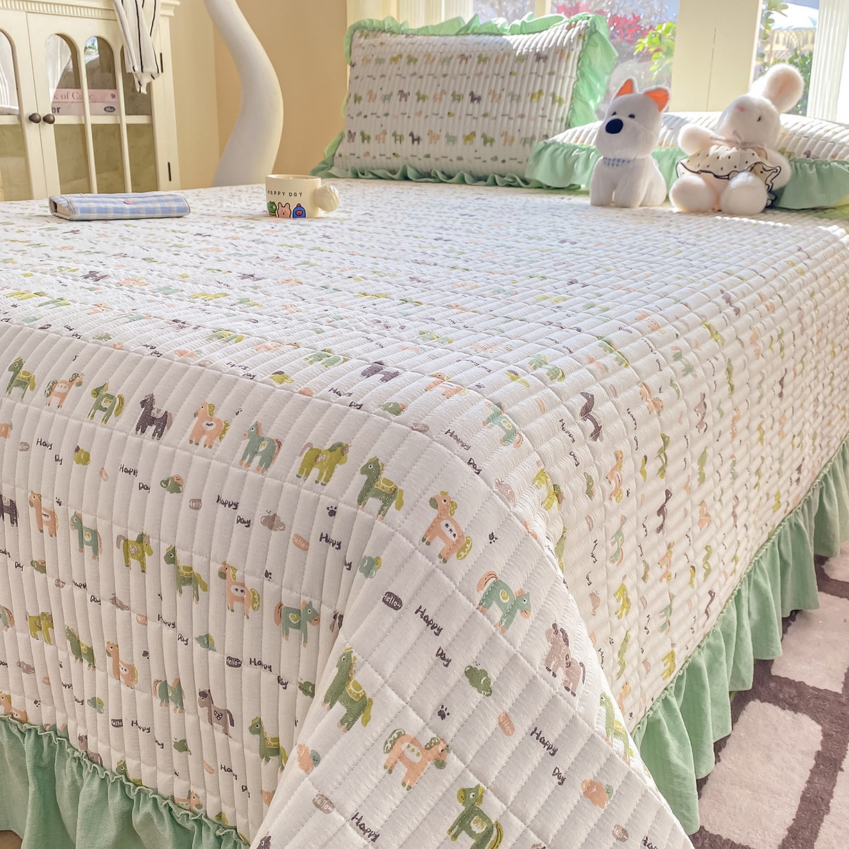 91家纺网 家纺一手货源 找家纺 眠势力 2026新款云感皱皱纱床盖四件套 幸运小马