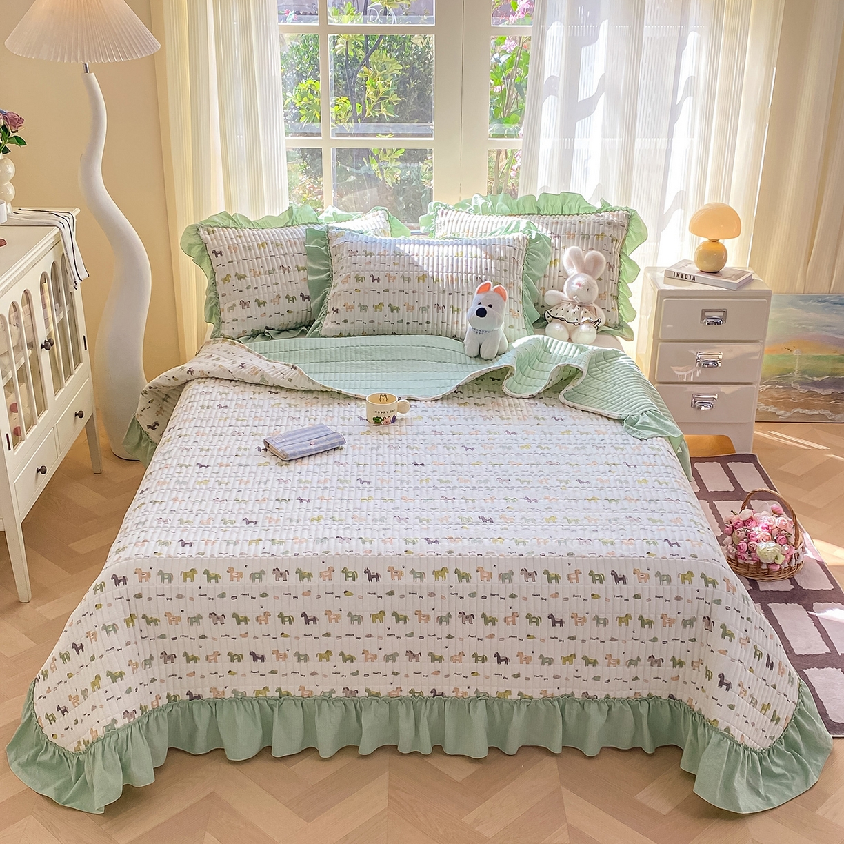 91家纺网 家纺一手货源 找家纺 眠势力 2026新款云感皱皱纱床盖四件套 幸运小马