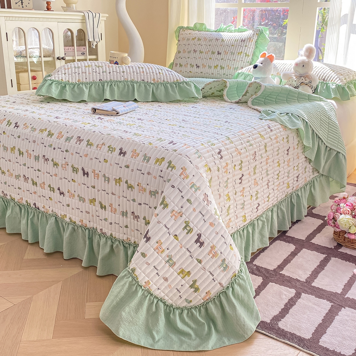 91家纺网 家纺一手货源 找家纺 眠势力 2026新款云感皱皱纱床盖四件套 幸运小马