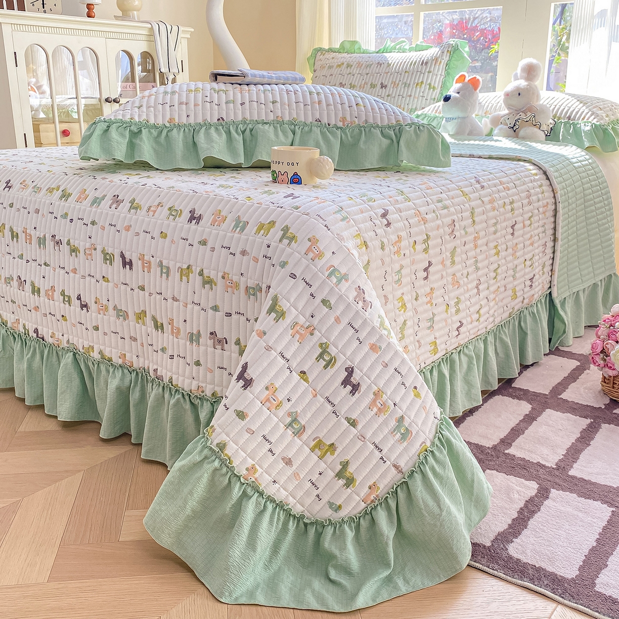 91家纺网 家纺一手货源 找家纺 眠势力 2026新款云感皱皱纱床盖四件套 幸运小马