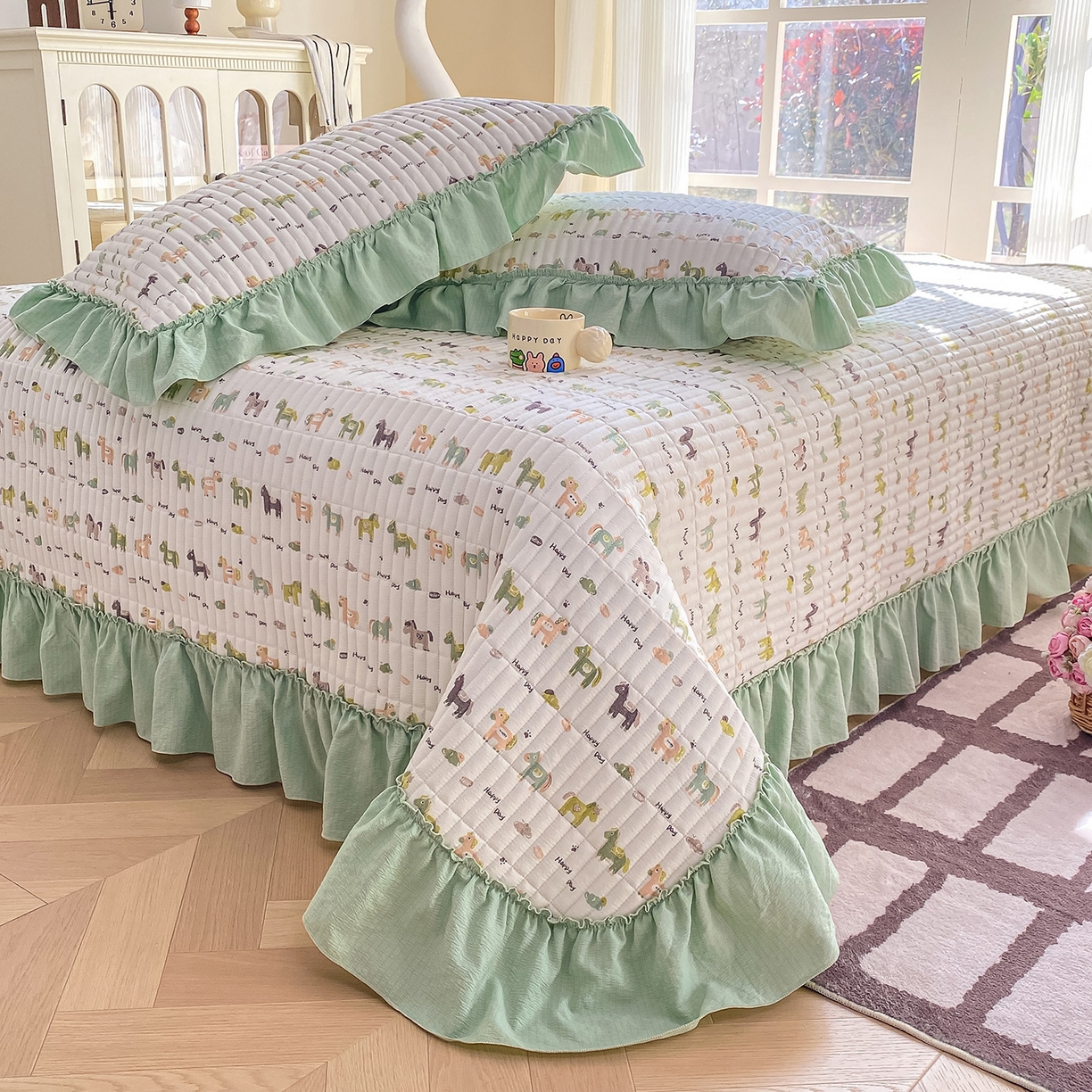 91家纺网 家纺一手货源 找家纺 眠势力 2026新款云感皱皱纱床盖四件套 幸运小马