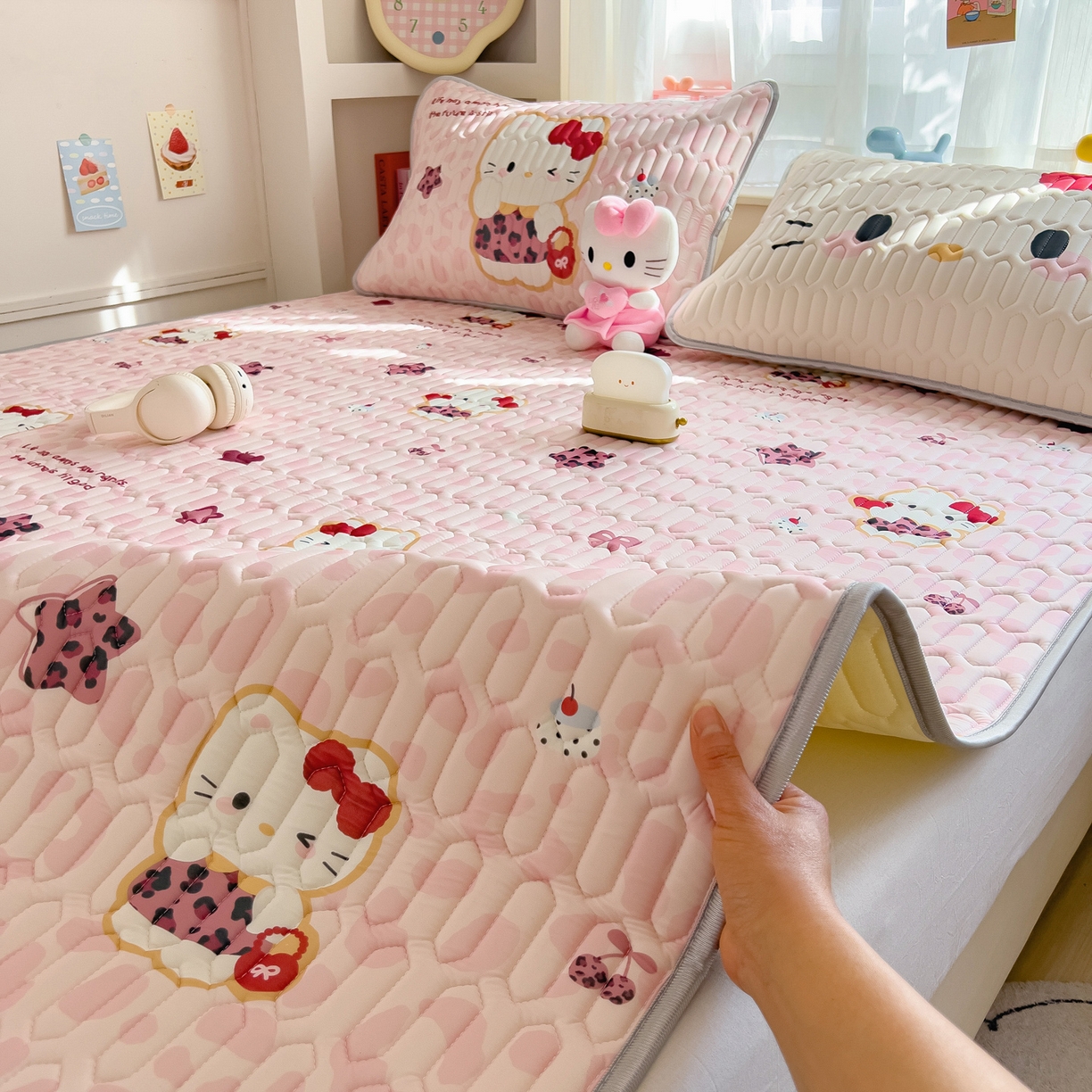 摩妮卡 2026新款数码大版小清新乳胶凉席床席款三件套-场景二 趣巧小猫咪-粉