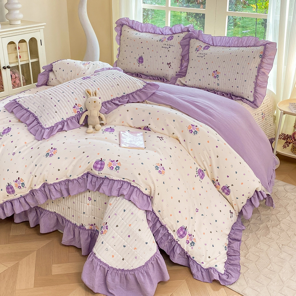 91家纺网 家纺一手货源 找家纺 眠势力 2026新款云感皱皱纱床盖四件套 紫芋南瓜