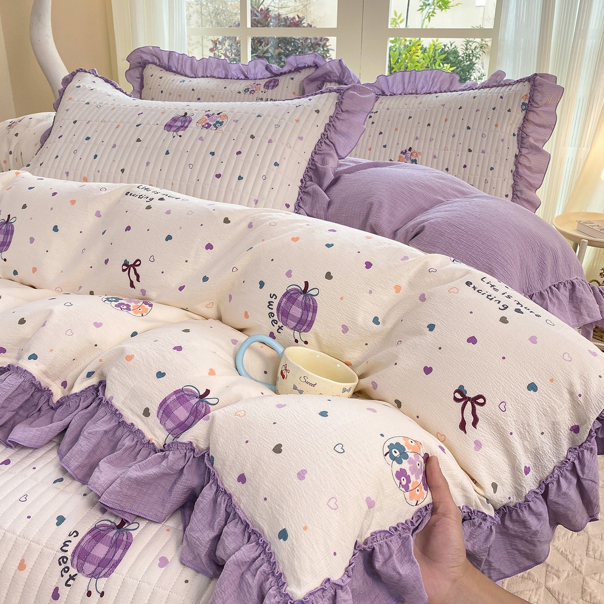 91家纺网 家纺一手货源 找家纺 眠势力 2026新款云感皱皱纱床盖四件套 紫芋南瓜