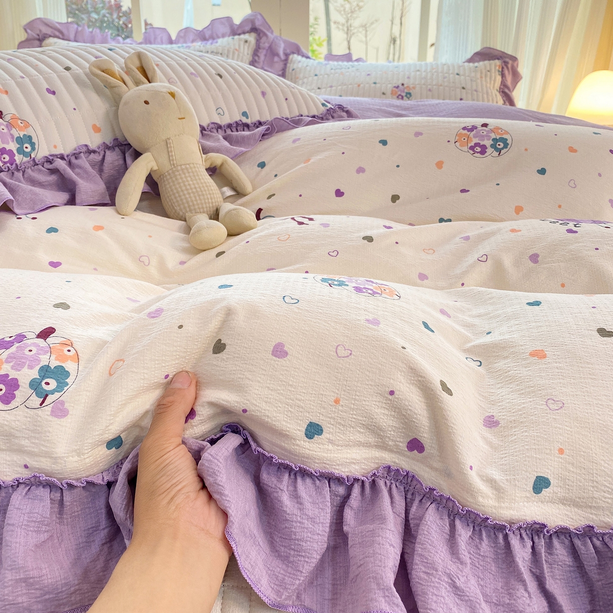 91家纺网 家纺一手货源 找家纺 眠势力 2026新款云感皱皱纱床盖四件套 紫芋南瓜