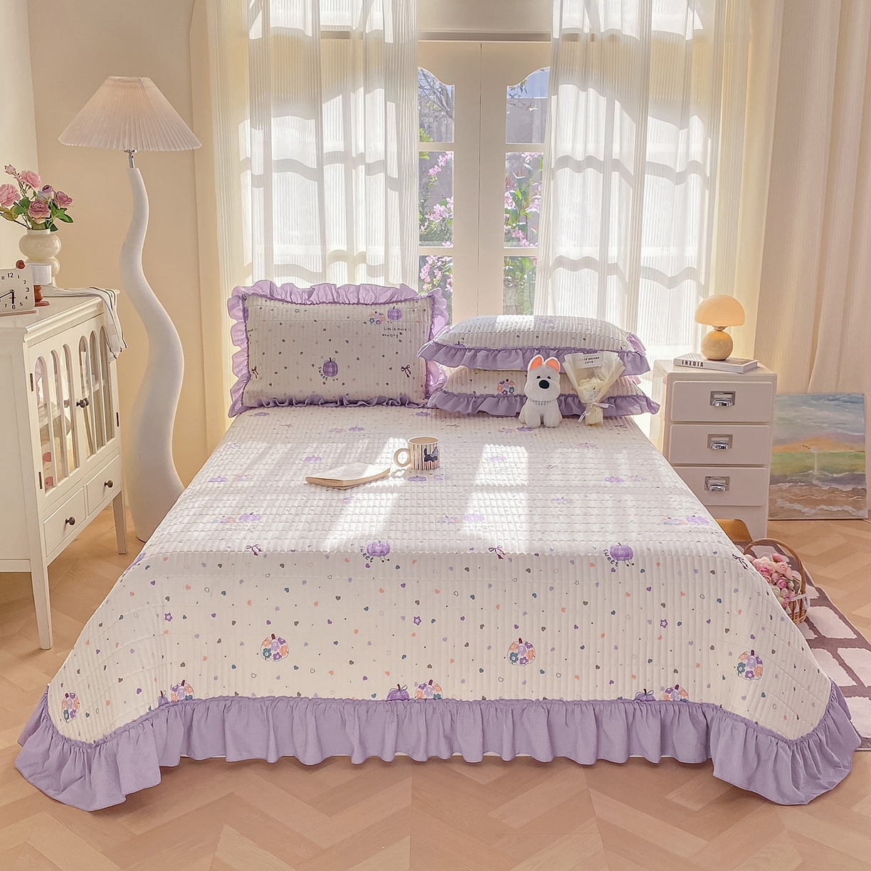 91家纺网 家纺一手货源 找家纺 眠势力 2026新款云感皱皱纱床盖四件套 紫芋南瓜