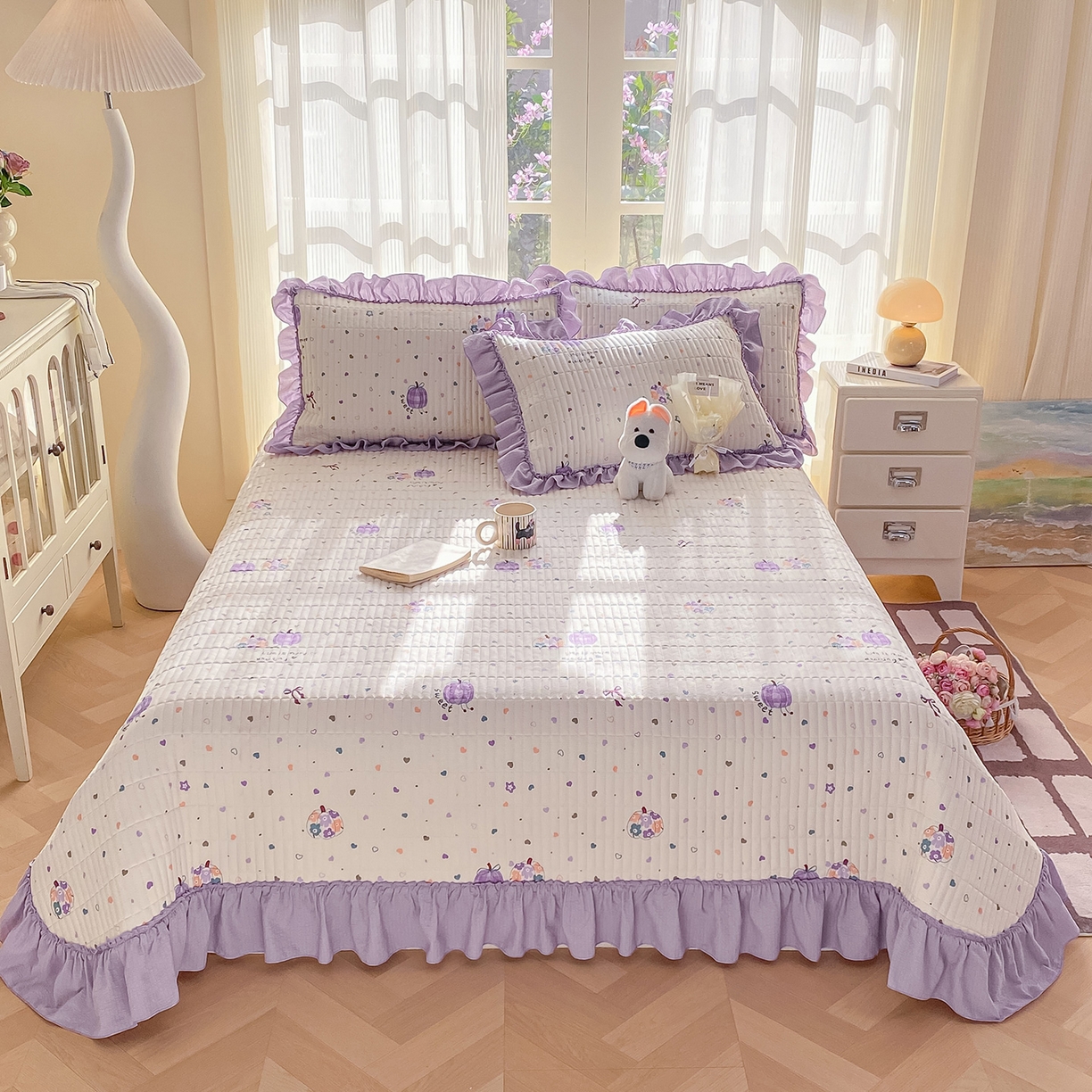 91家纺网 家纺一手货源 找家纺 眠势力 2026新款云感皱皱纱床盖四件套 紫芋南瓜