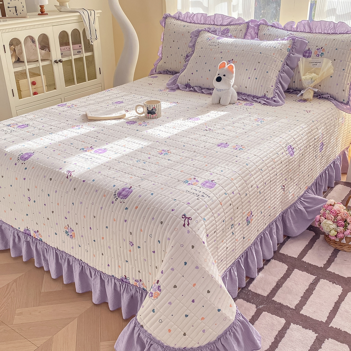 91家纺网 家纺一手货源 找家纺 眠势力 2026新款云感皱皱纱床盖四件套 紫芋南瓜