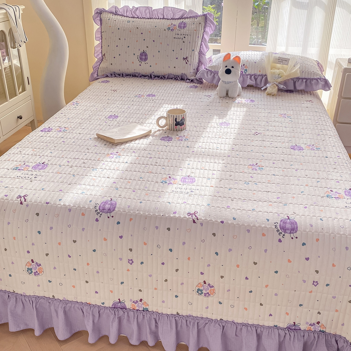 91家纺网 家纺一手货源 找家纺 眠势力 2026新款云感皱皱纱床盖四件套 紫芋南瓜