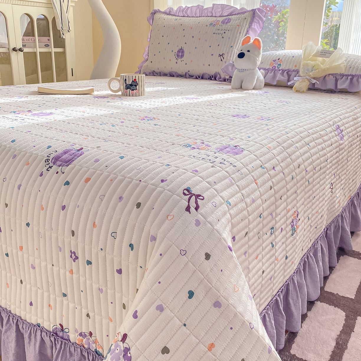 91家纺网 家纺一手货源 找家纺 眠势力 2026新款云感皱皱纱床盖四件套 紫芋南瓜