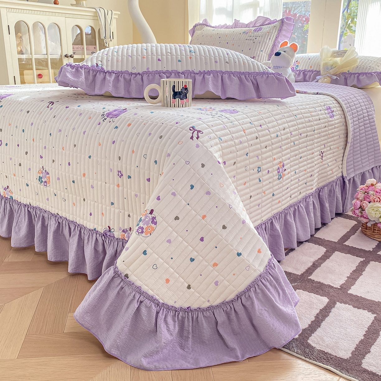 91家纺网 家纺一手货源 找家纺 眠势力 2026新款云感皱皱纱床盖四件套 紫芋南瓜