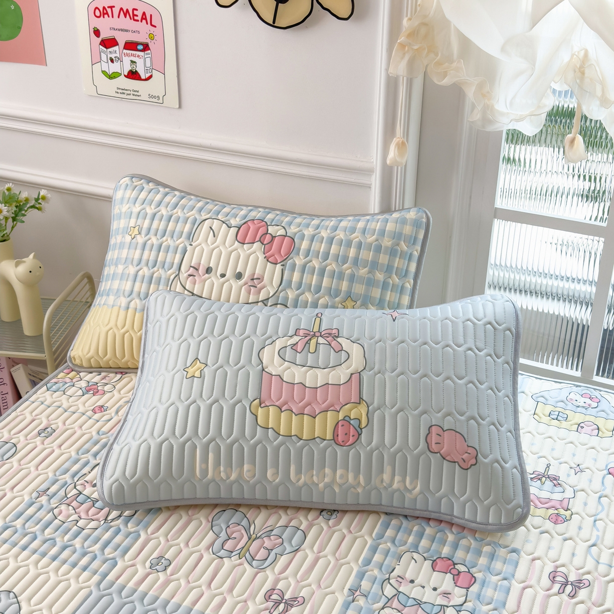 91家纺网 家纺一手货源 找家纺 摩妮卡 2026新款数码大版小清新乳胶凉席床席款三件套-场景二 甜蜜邂逅