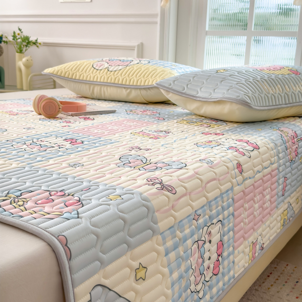 91家纺网 家纺一手货源 找家纺 摩妮卡 2026新款数码大版小清新乳胶凉席床席款三件套-场景二 甜蜜邂逅