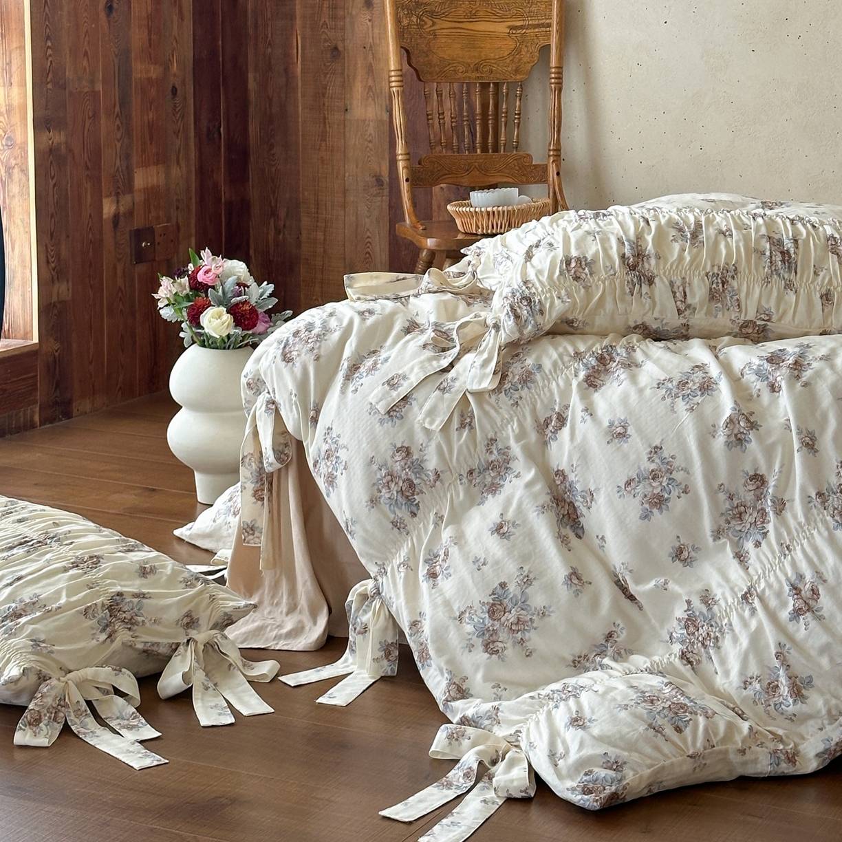 91家纺网 家纺一手货源 找家纺 觅糖家纺 2026春夏新款全棉纯棉法式轻奶油系列四件套 花韵咖