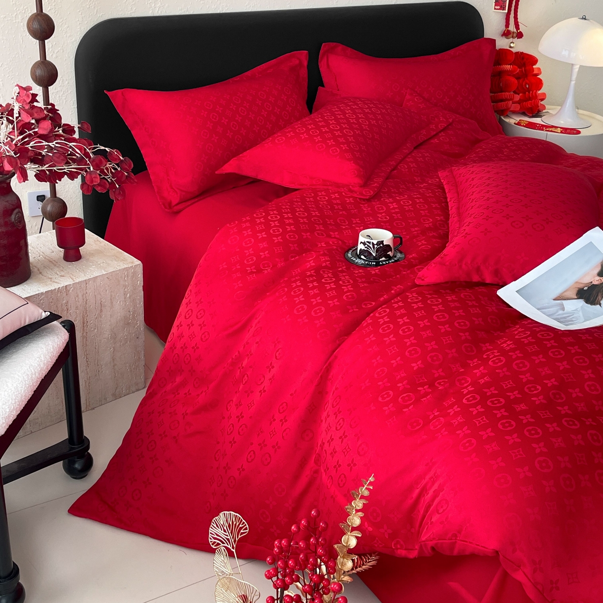 91家纺网 家纺一手货源 找家纺 （总）大麦乐田 2026春夏新款贡缎提花大红四件套