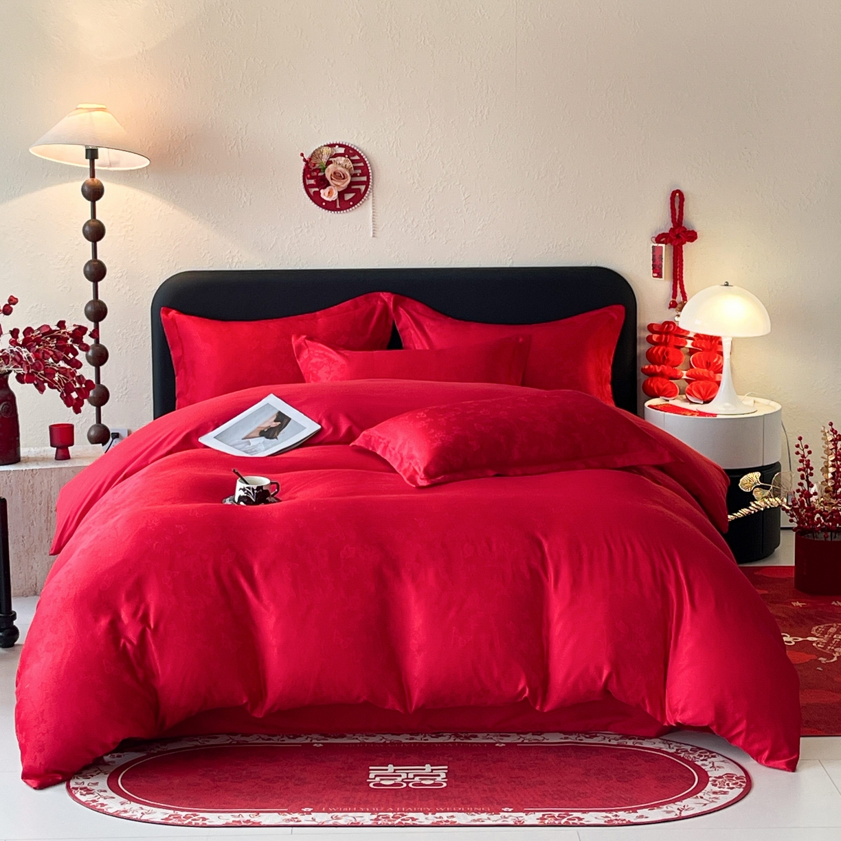 91家纺网 家纺一手货源 找家纺 大麦乐田 2026春夏新款贡缎提花大红四件套 爱草