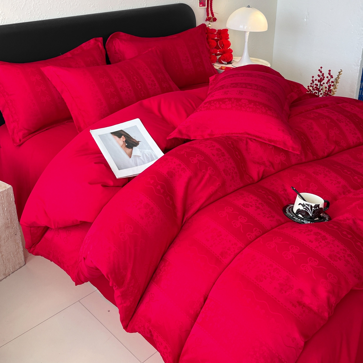 大麦乐田 2026春夏新款贡缎提花大红四件套 恬梦