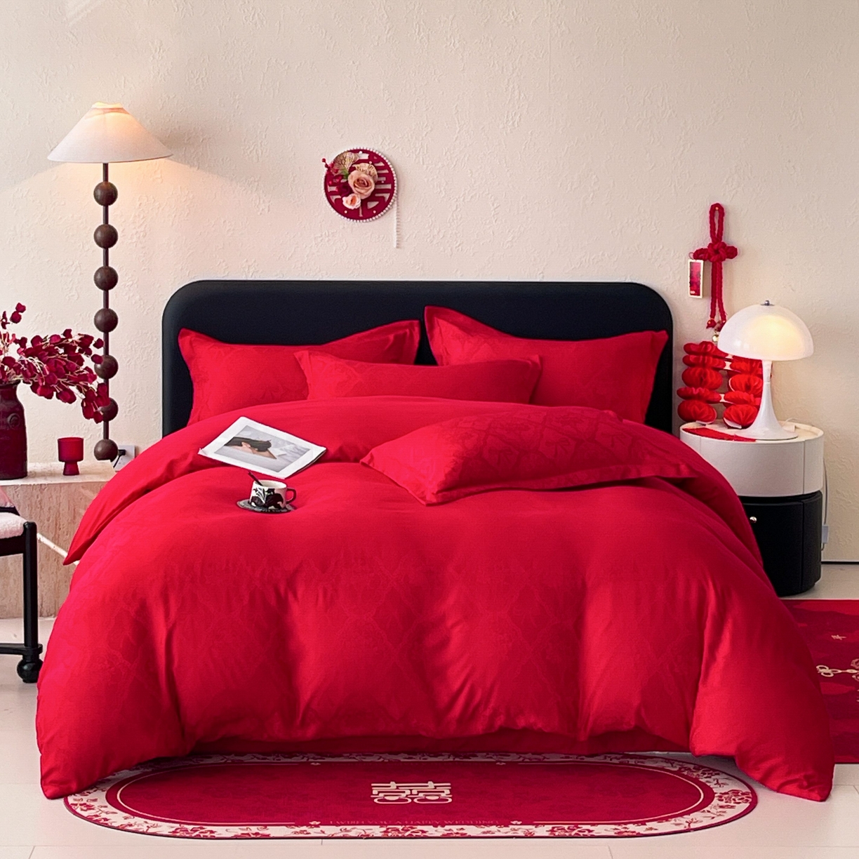 91家纺网 家纺一手货源 找家纺 大麦乐田 2026春夏新款贡缎提花大红四件套 艾利丝