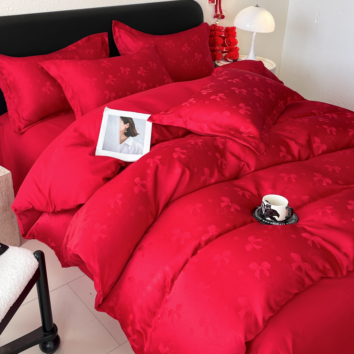 大麦乐田 2026春夏新款贡缎提花大红四件套 领结