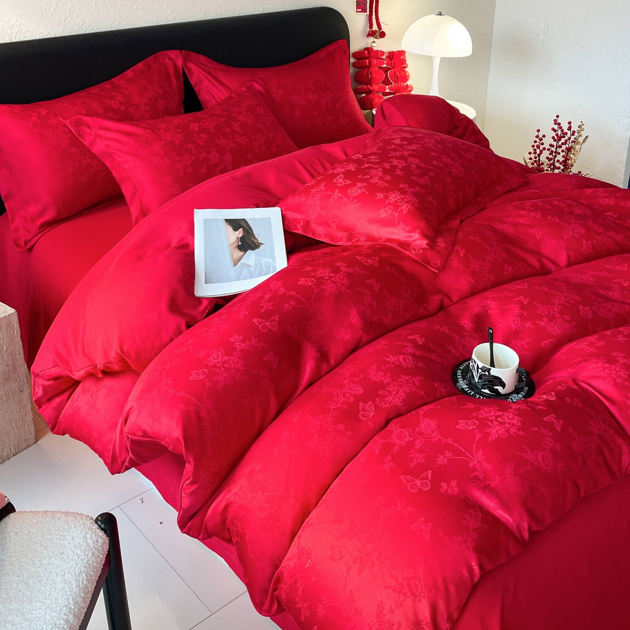 大麦乐田 2026春夏新款贡缎提花大红四件套 爱草