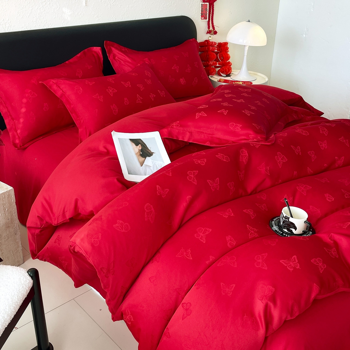 大麦乐田 2026春夏新款贡缎提花大红四件套 蝴蝶   