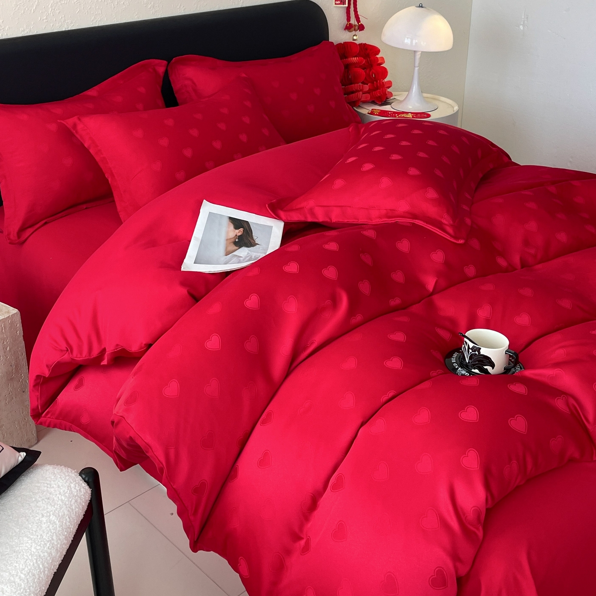 大麦乐田 2026春夏新款贡缎提花大红四件套 爱心  