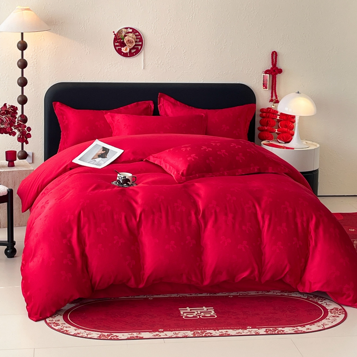 91家纺网 家纺一手货源 找家纺 大麦乐田 2026春夏新款贡缎提花大红四件套 领结