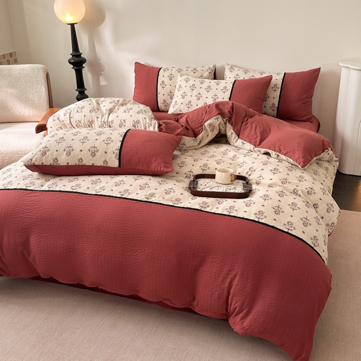 91家纺网 家纺一手货源 找家纺 （总）铠畅家纺 2026春夏新品高克重拼接泡芙纱泡泡皱皱纱四件套