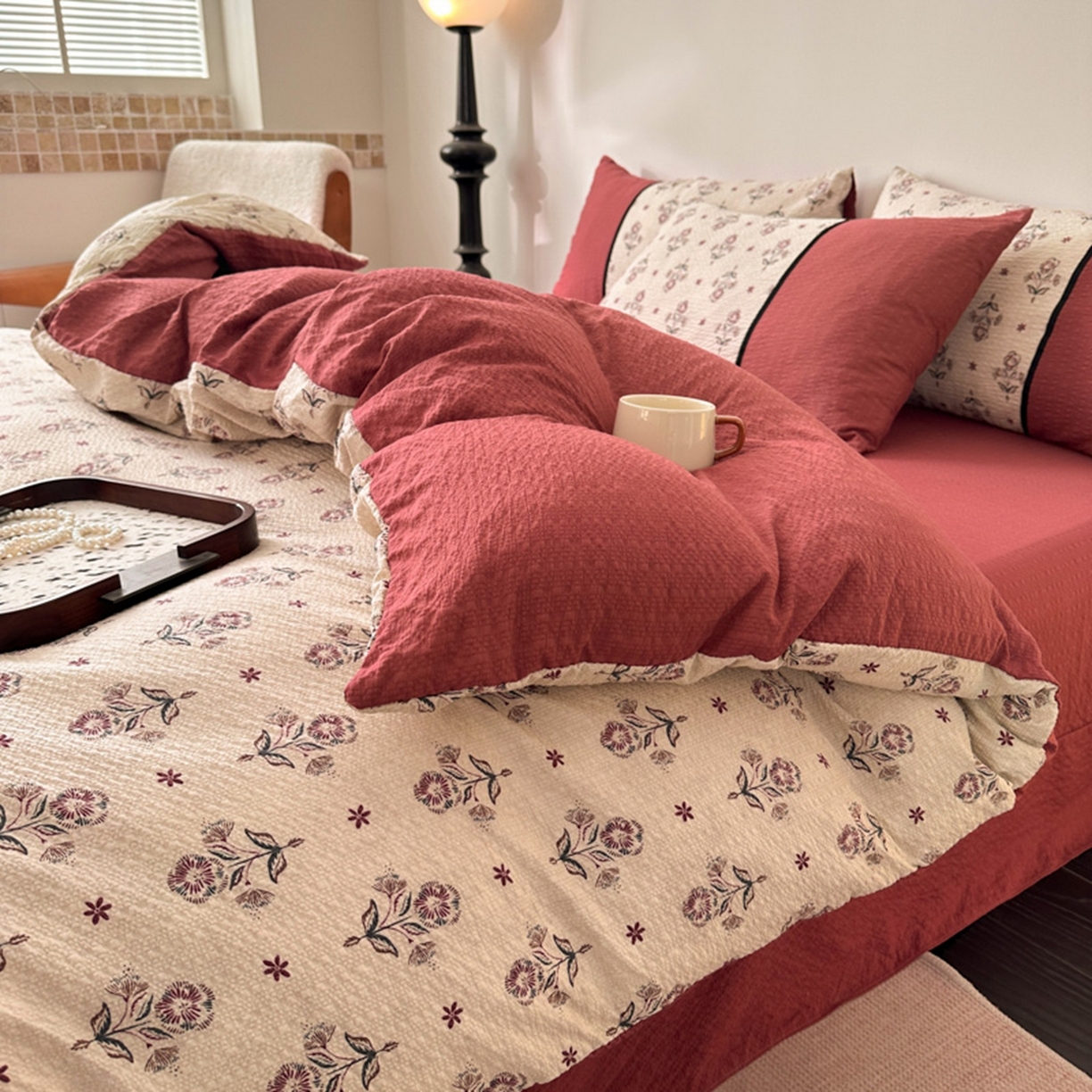 91家纺网 家纺一手货源 找家纺 （总）铠畅家纺 2026春夏新品高克重拼接泡芙纱泡泡皱皱纱四件套