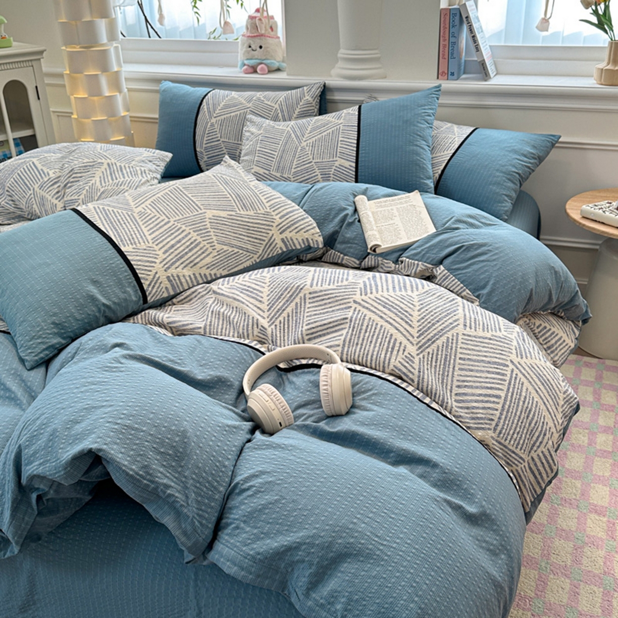 91家纺网 家纺一手货源 找家纺 （总）铠畅家纺 2026春夏新品高克重拼接泡芙纱泡泡皱皱纱四件套