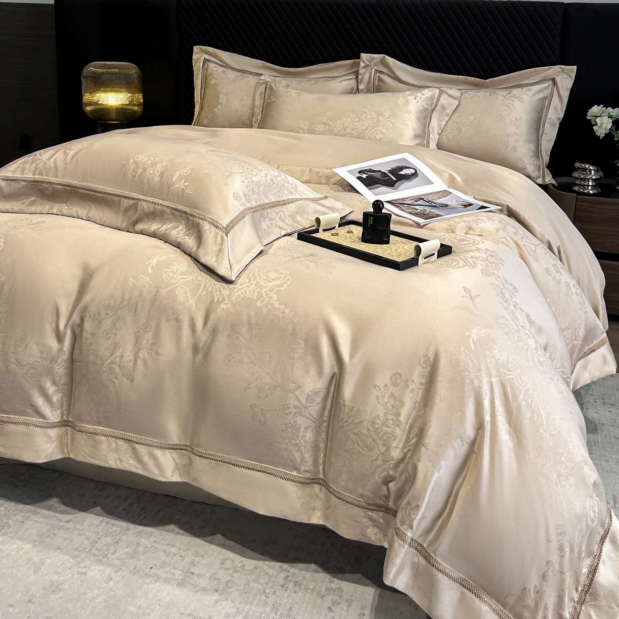 91家纺网 家纺一手货源 找家纺 （总）金牛座家纺 2026新款高精密大花位提花镂空花边床盖四件套-奥黛丽系列