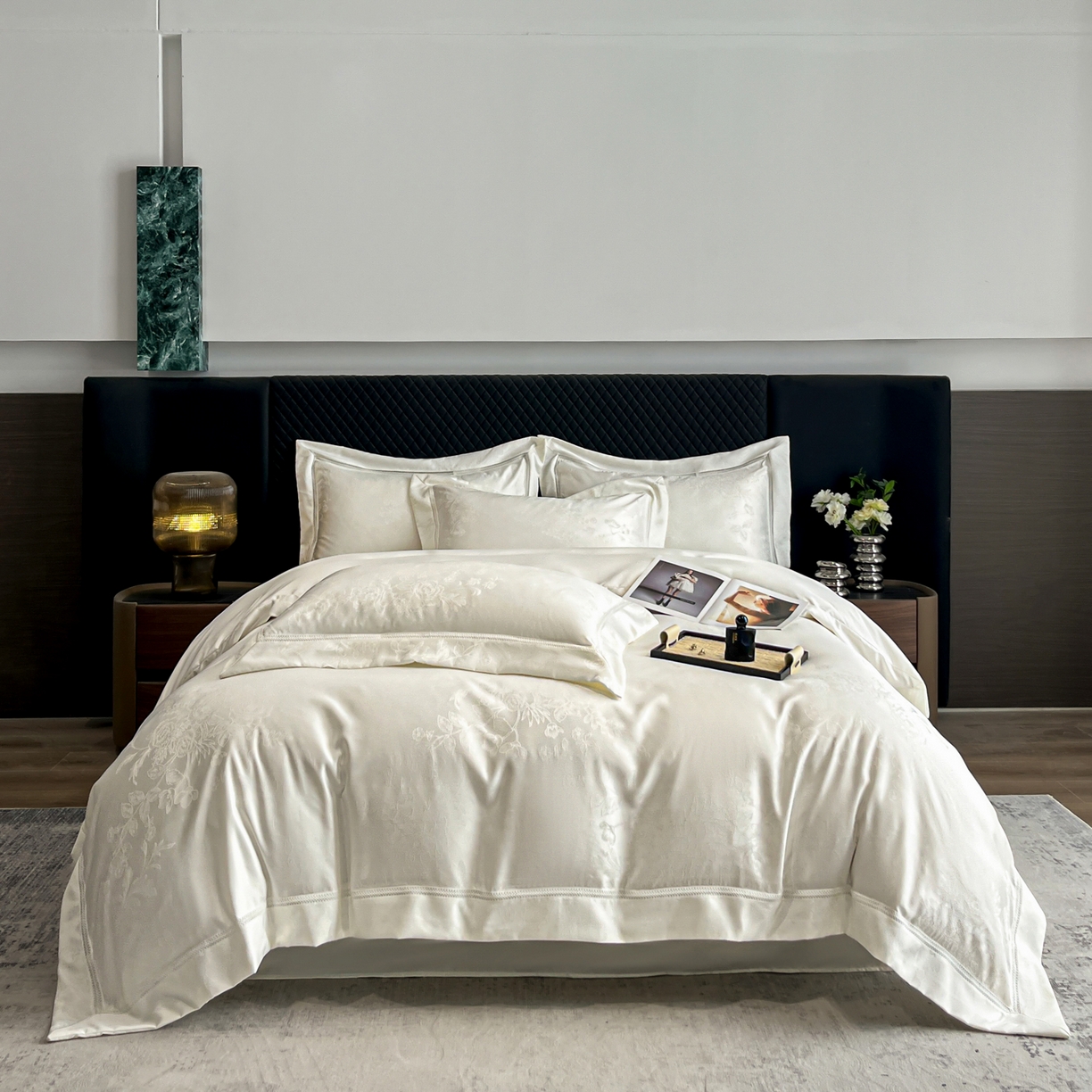 91家纺网 家纺一手货源 找家纺 金牛座家纺 2026新款高精密大花位提花镂空花边床盖四件套-奥黛丽系列 奥黛丽-奶白