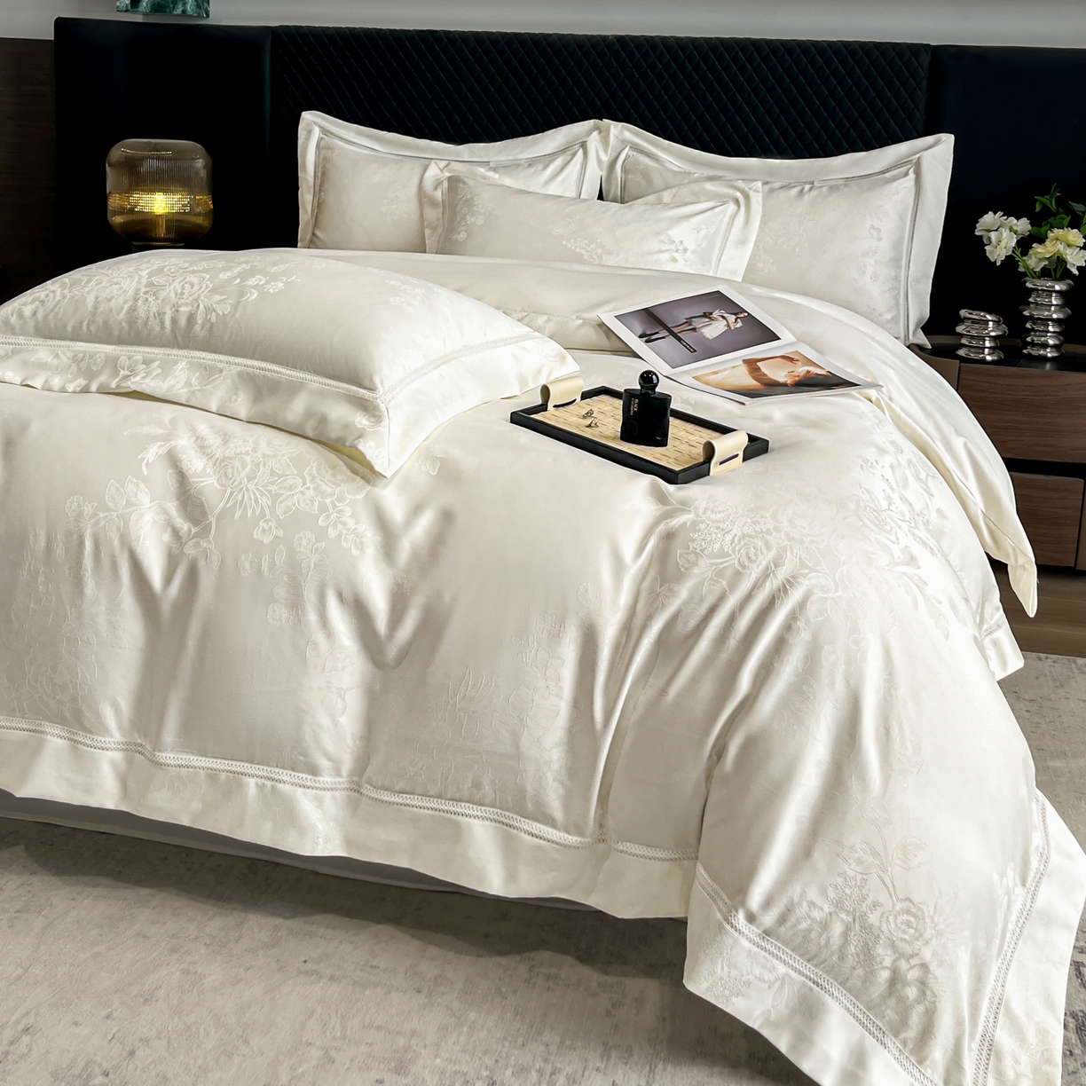 金牛座家纺 2026新款高精密大花位提花镂空花边床盖四件套-奥黛丽系列 奥黛丽-奶白