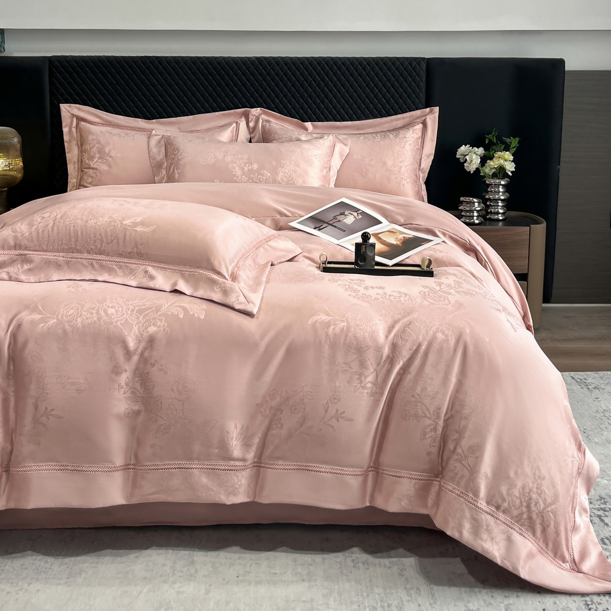 91家纺网 家纺一手货源 找家纺 金牛座家纺 2026新款高精密大花位提花镂空花边床盖四件套-奥黛丽系列 奥黛丽-浅豆沙