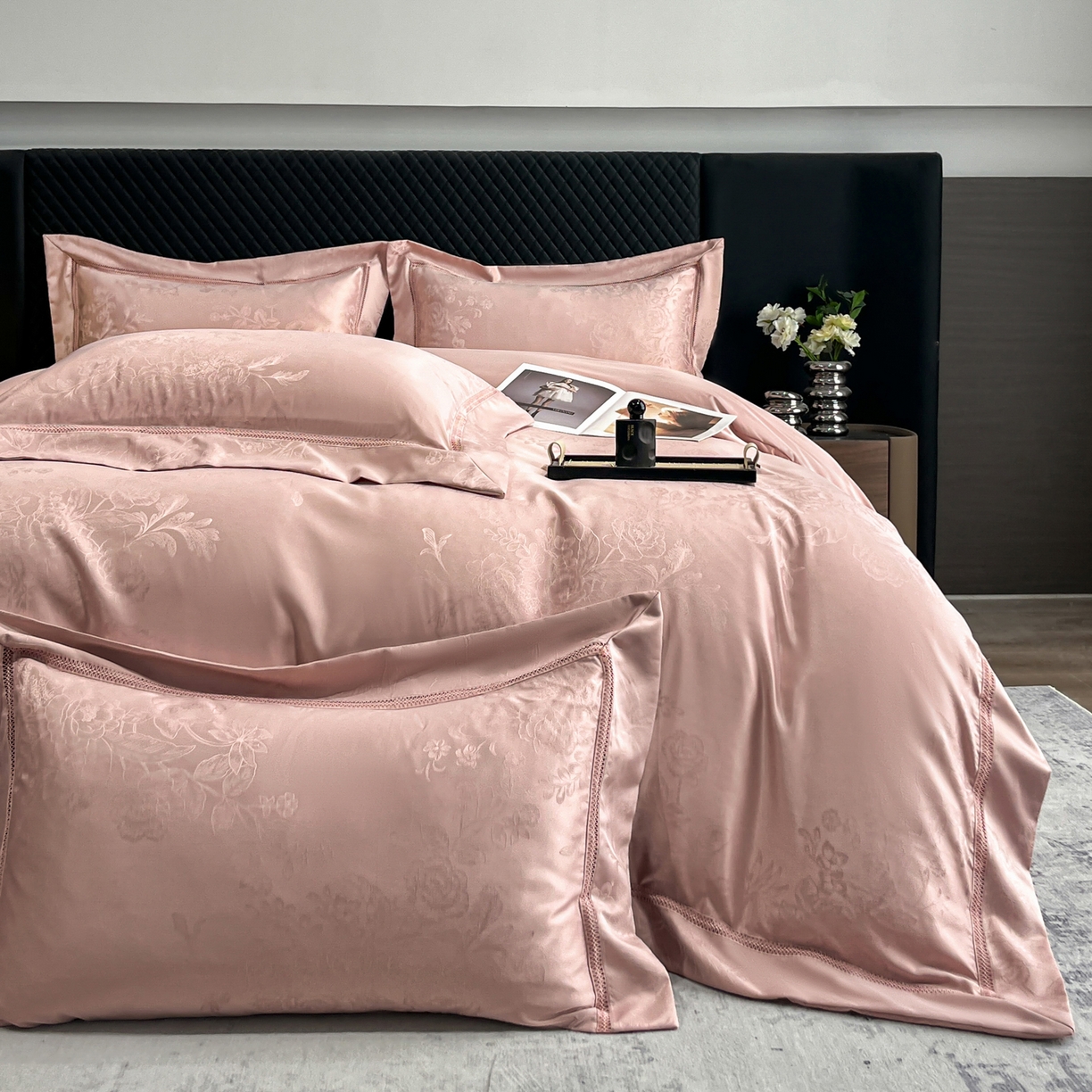 91家纺网 家纺一手货源 找家纺 金牛座家纺 2026新款高精密大花位提花镂空花边床盖四件套-奥黛丽系列 奥黛丽-浅豆沙