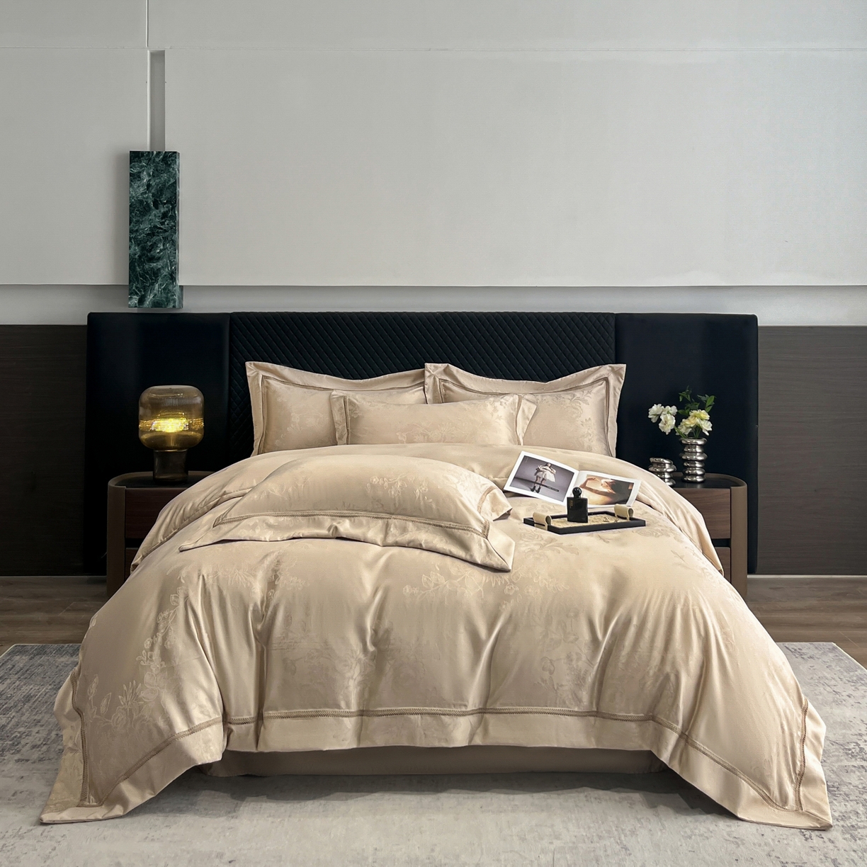 91家纺网 家纺一手货源 找家纺 金牛座家纺 2026新款高精密大花位提花镂空花边床盖四件套-奥黛丽系列 奥黛丽-香槟