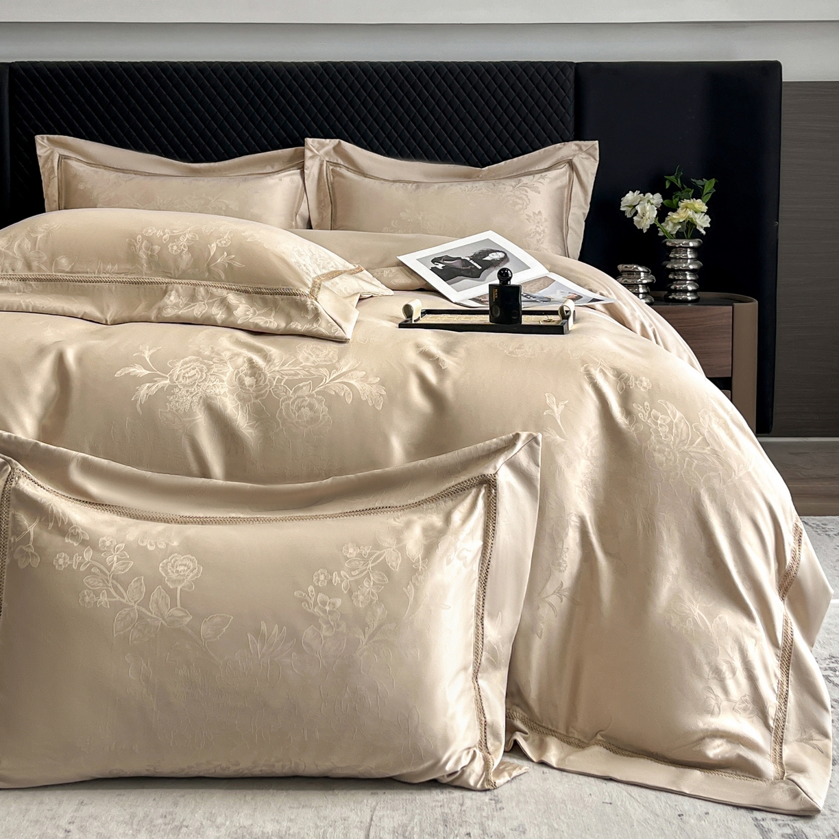 91家纺网 家纺一手货源 找家纺 金牛座家纺 2026新款高精密大花位提花镂空花边床盖四件套-奥黛丽系列 奥黛丽-香槟