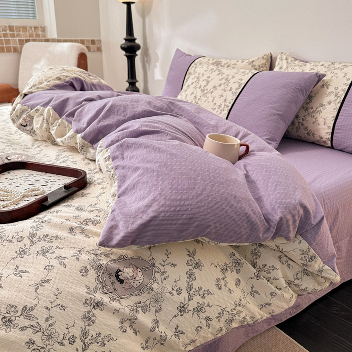 91家纺网 家纺一手货源 找家纺 铠畅家纺 2026春夏新品高克重拼接泡芙纱泡泡皱皱纱四件套 贝丽丝