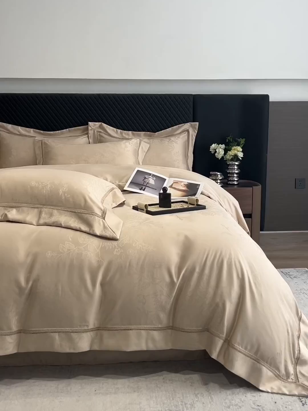 91家纺网 家纺一手货源 找家纺 金牛座家纺 2026新款高精密大花位提花镂空花边床盖四件套-奥黛丽系列 奥黛丽-香槟