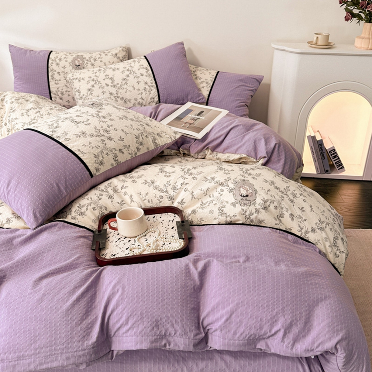 91家纺网 家纺一手货源 找家纺 铠畅家纺 2026春夏新品高克重拼接泡芙纱泡泡皱皱纱四件套 贝丽丝