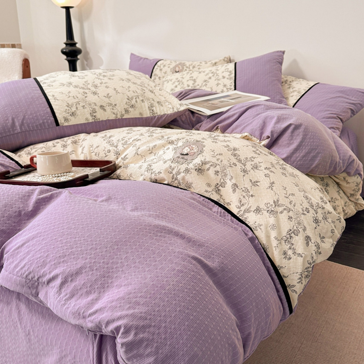 91家纺网 家纺一手货源 找家纺 铠畅家纺 2026春夏新品高克重拼接泡芙纱泡泡皱皱纱四件套 贝丽丝