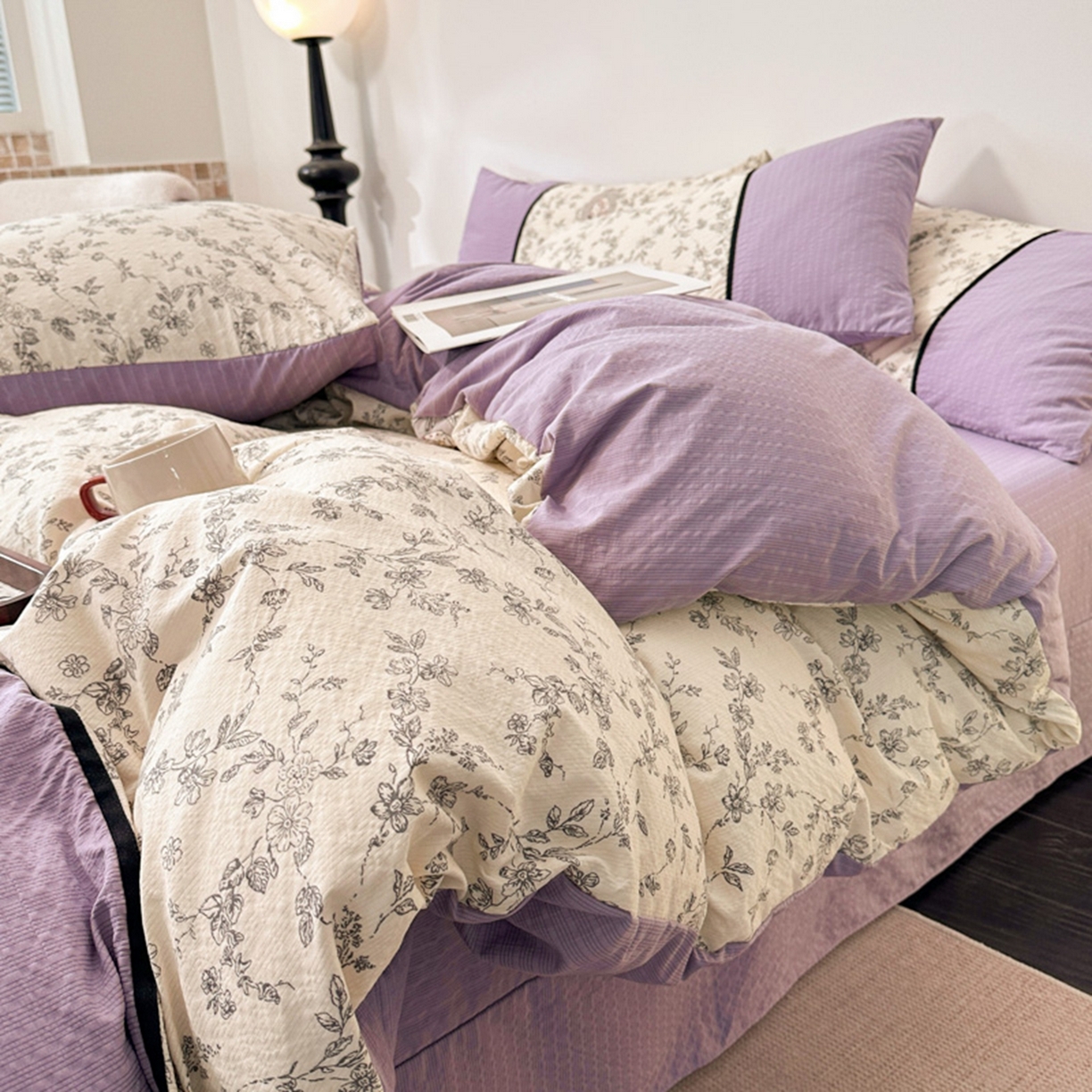 91家纺网 家纺一手货源 找家纺 铠畅家纺 2026春夏新品高克重拼接泡芙纱泡泡皱皱纱四件套 贝丽丝