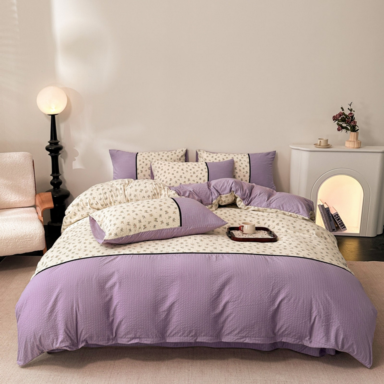 91家纺网 家纺一手货源 找家纺 铠畅家纺 2026春夏新品高克重拼接泡芙纱泡泡皱皱纱四件套 春日花信