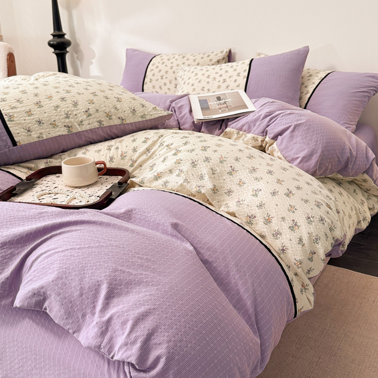 91家纺网 家纺一手货源 找家纺 铠畅家纺 2026春夏新品高克重拼接泡芙纱泡泡皱皱纱四件套 春日花信