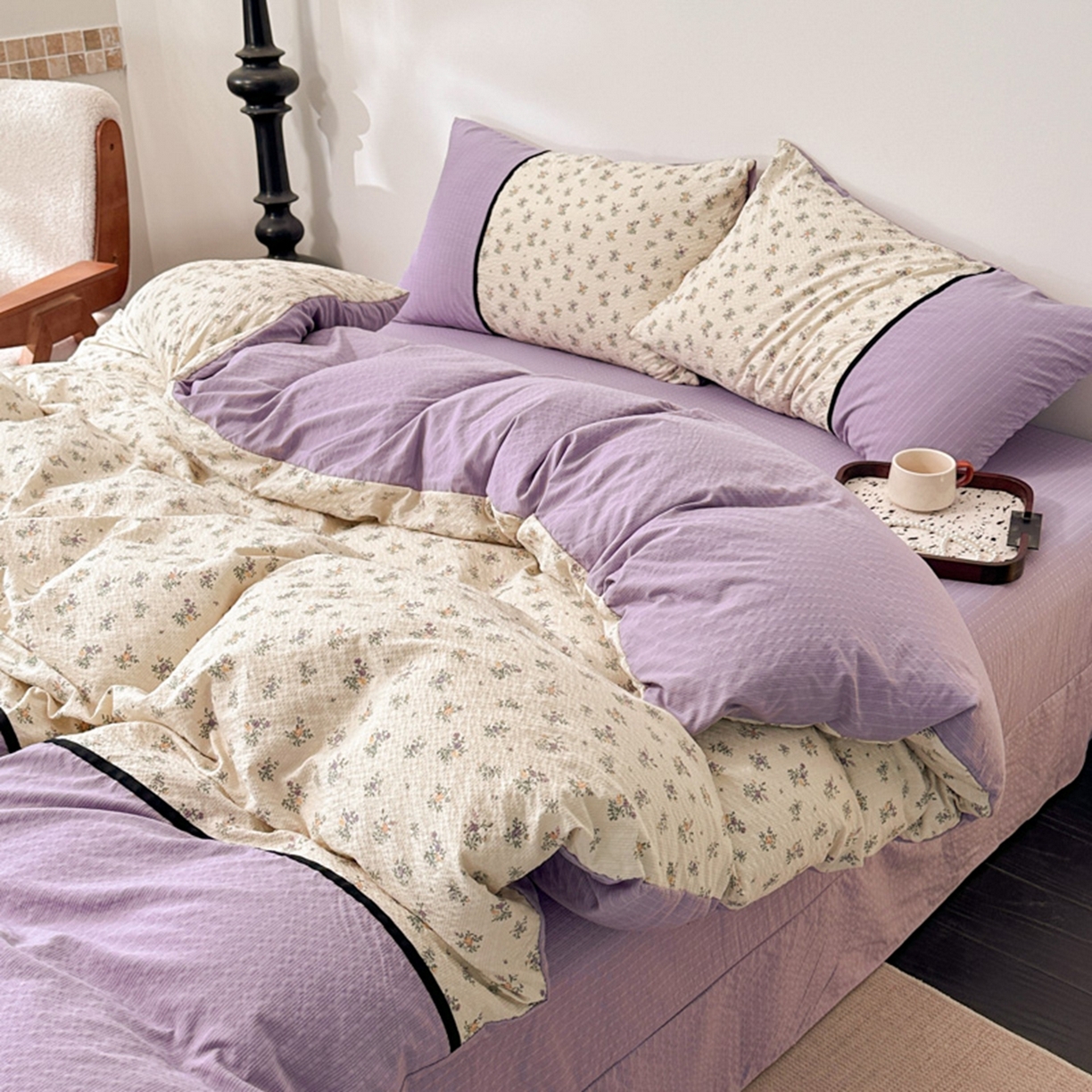 91家纺网 家纺一手货源 找家纺 铠畅家纺 2026春夏新品高克重拼接泡芙纱泡泡皱皱纱四件套 春日花信